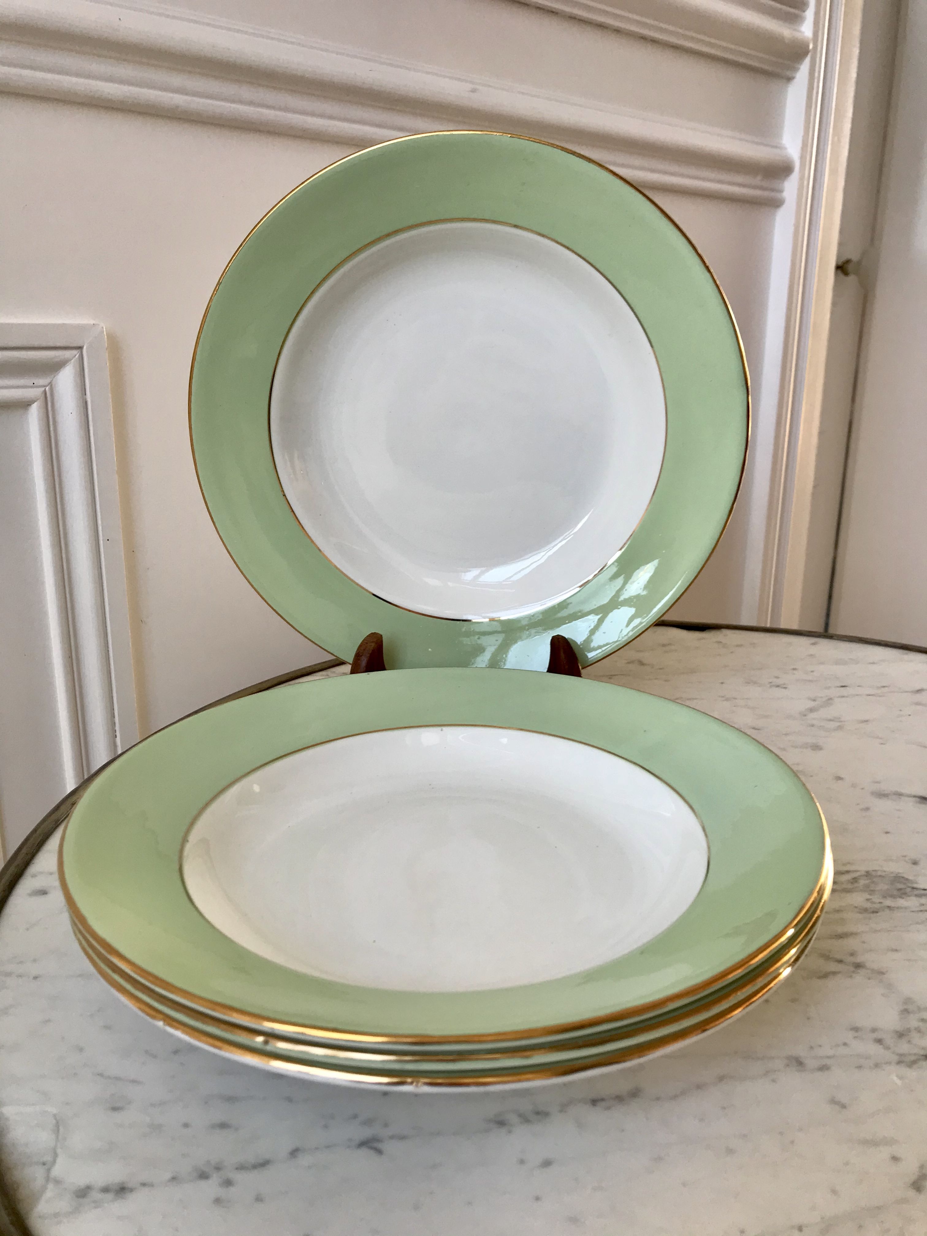 4 hollow plates Saint-Amand 60s pastel almond green