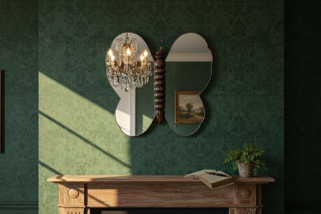 Vintage wall mirror "Butterfly" with wooden accent