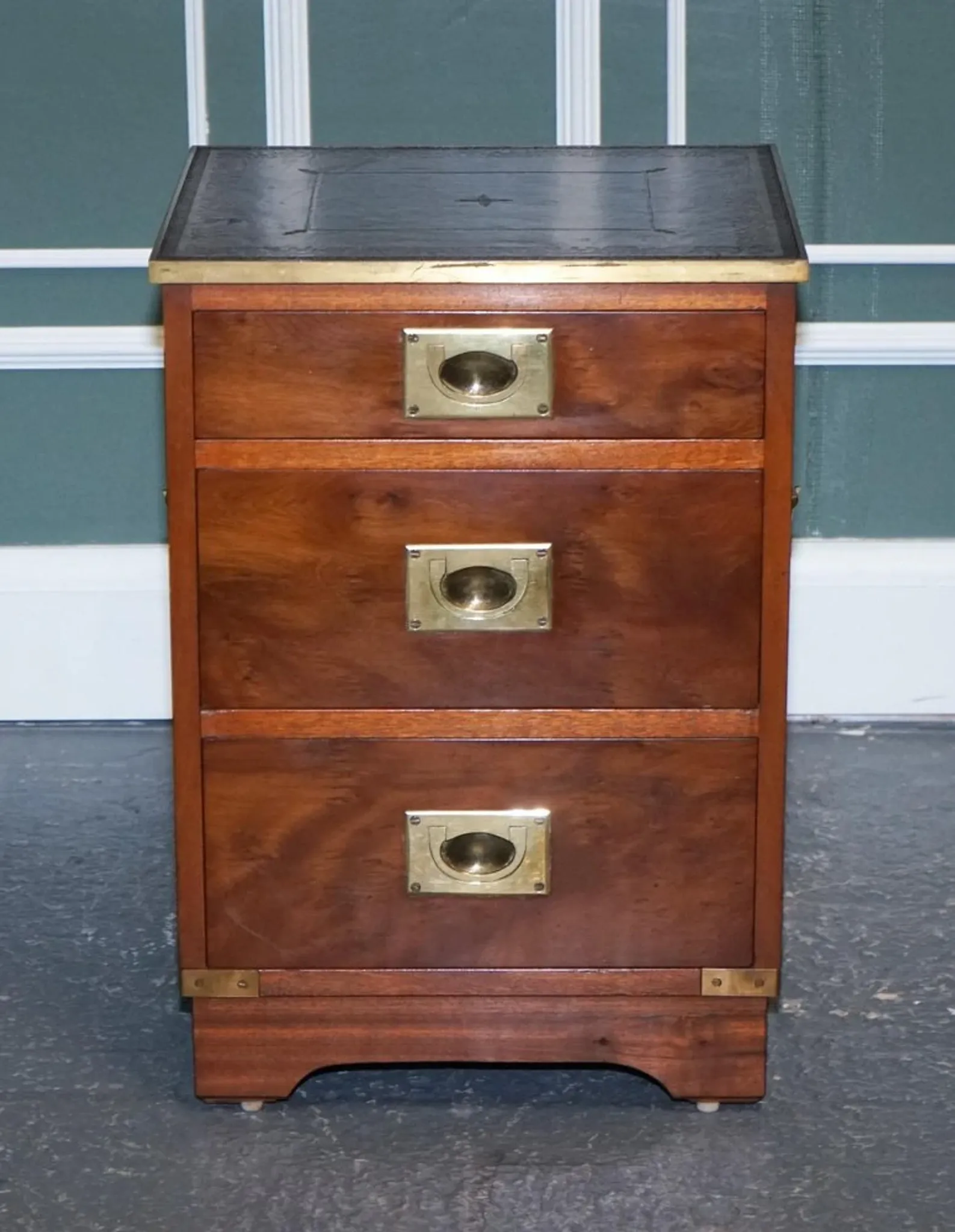 Yew Wood Nightstand Military Campaign with Green Leather Top