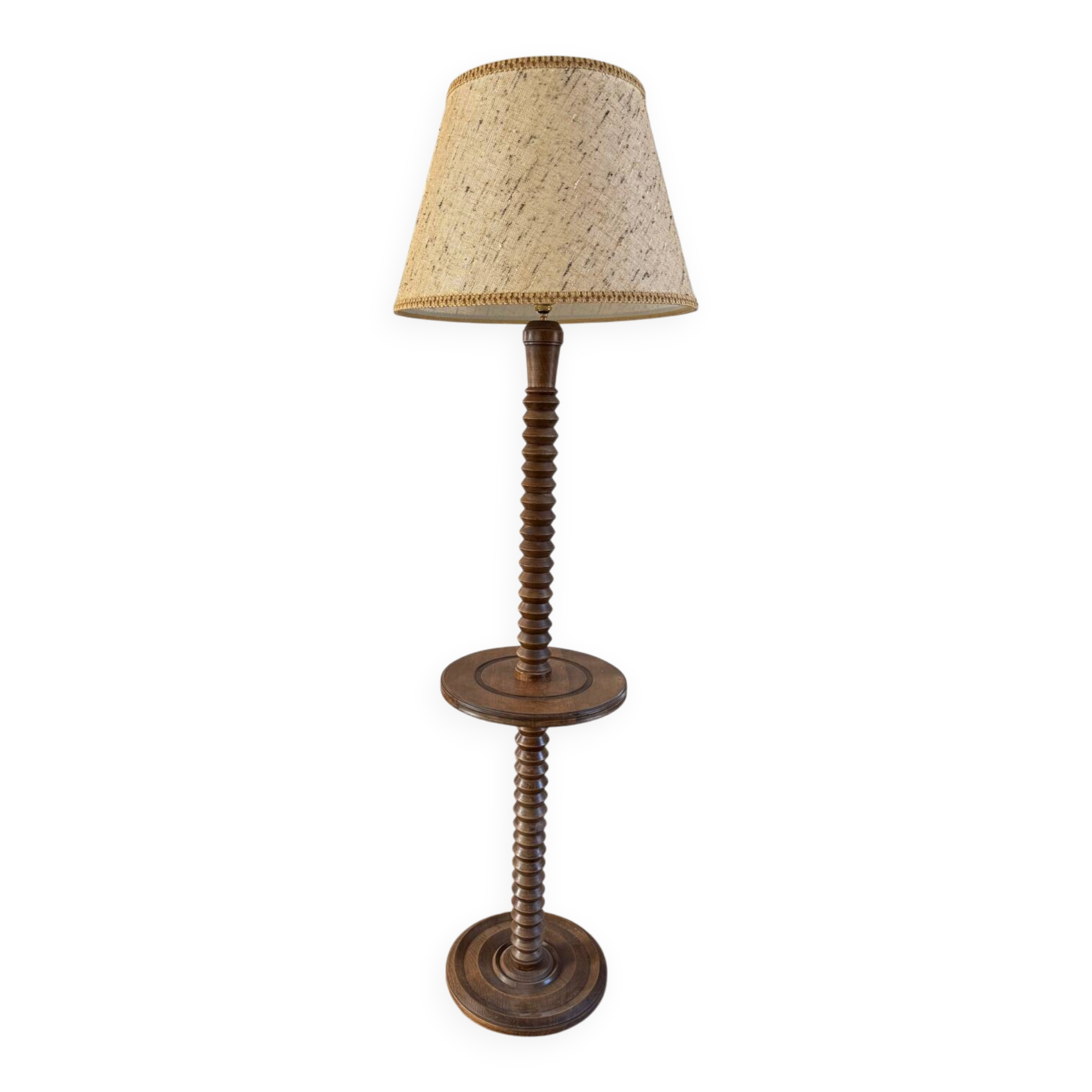 Turned wooden floor lamp