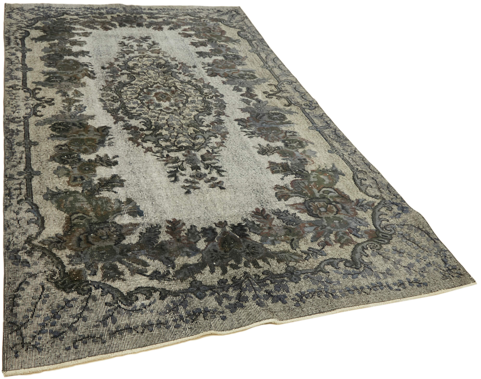 Handmade distressed turkish 1980s 181 cm x 292 cm grey rug