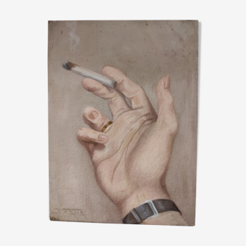 Tableau main à la cigarette huile sur carton années 30 40 signé Pierre Roig
