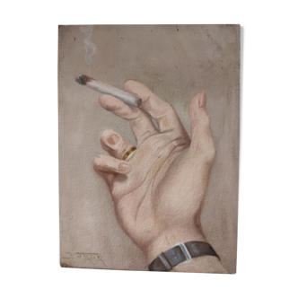 Painting hand to the cigarette oil on cardboard years 30 40 signed Pierre Roig