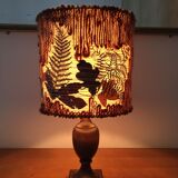 Vintage lamp with wooden base and wool and plant shade