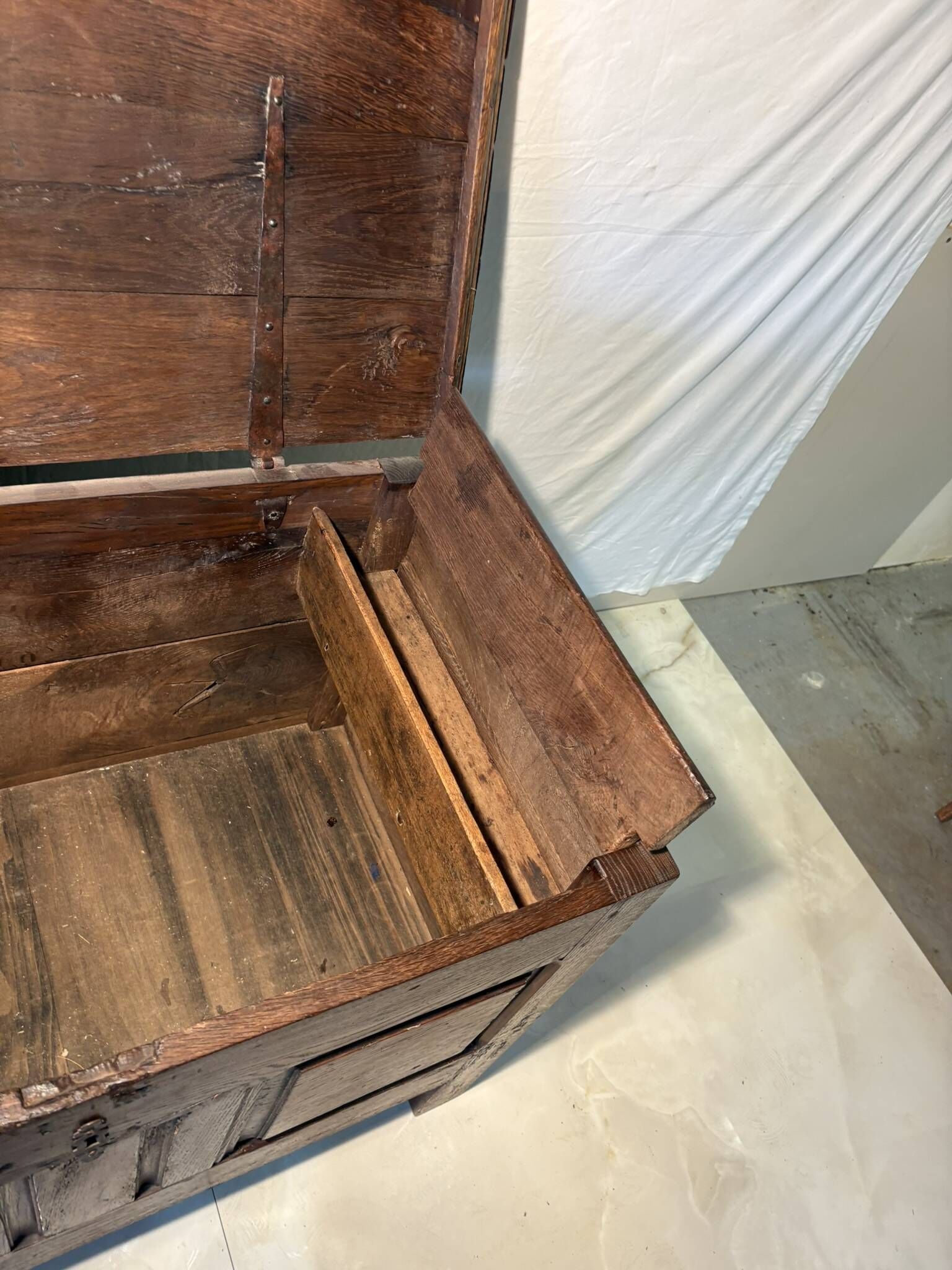 Rustic antique oak chest, original fittings and moulded panels.