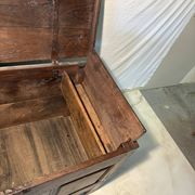 Rustic antique oak chest, original fittings and moulded panels.