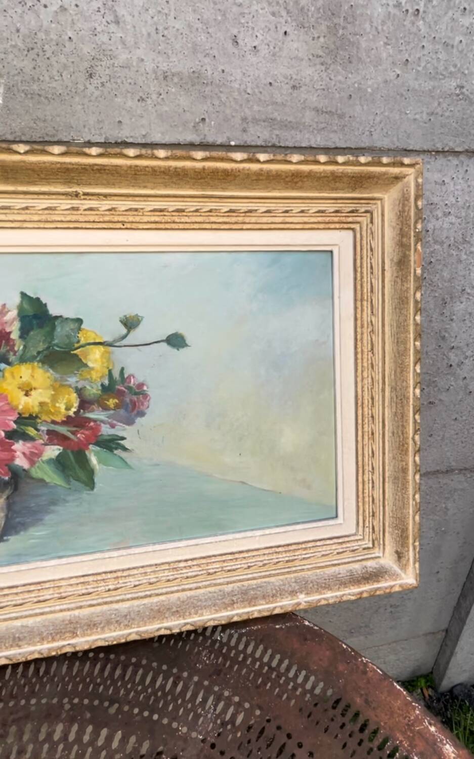 Large vintage painting of a bouquet of flowers signed EA Foix