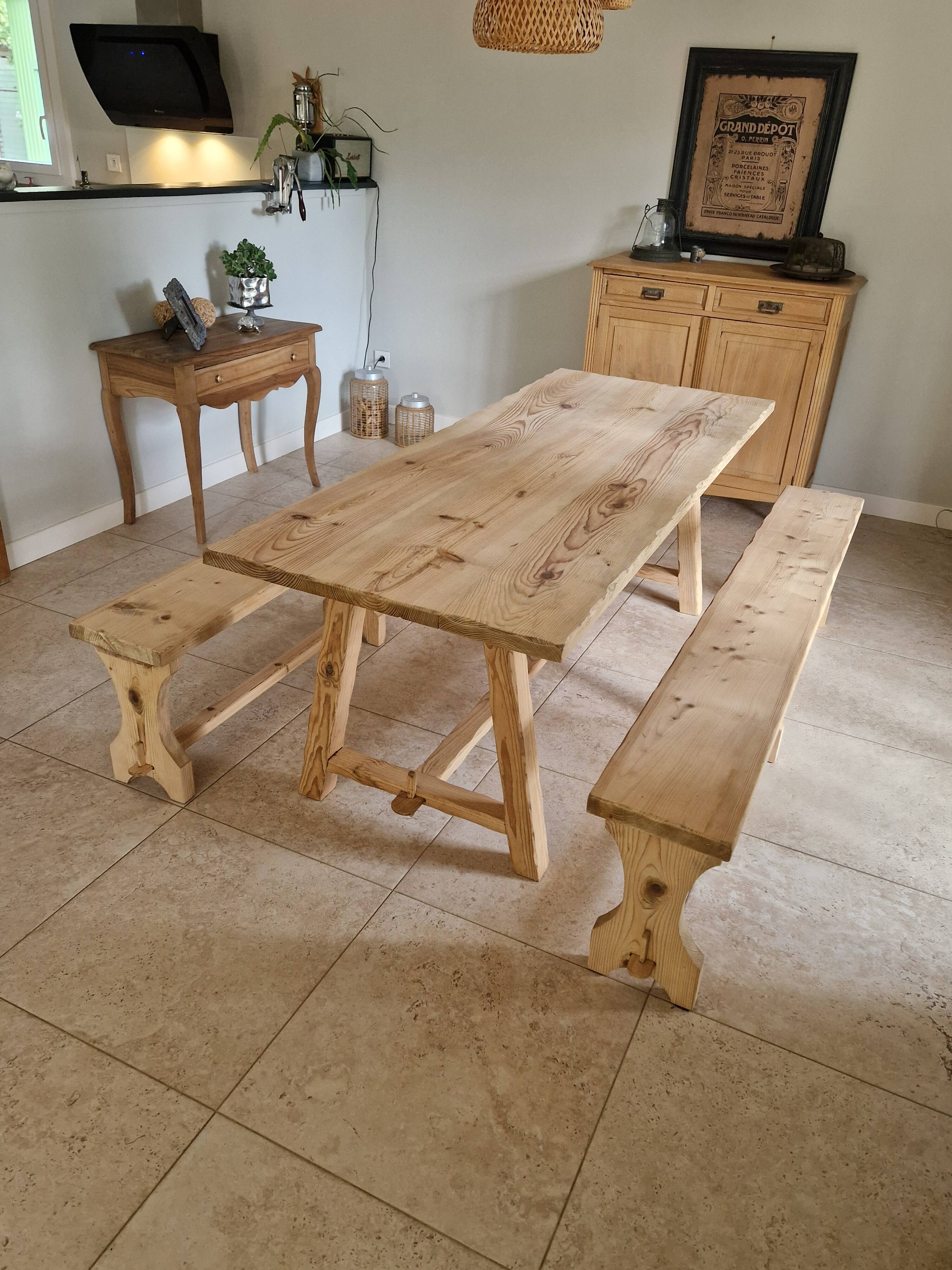 farm table and wooden benches