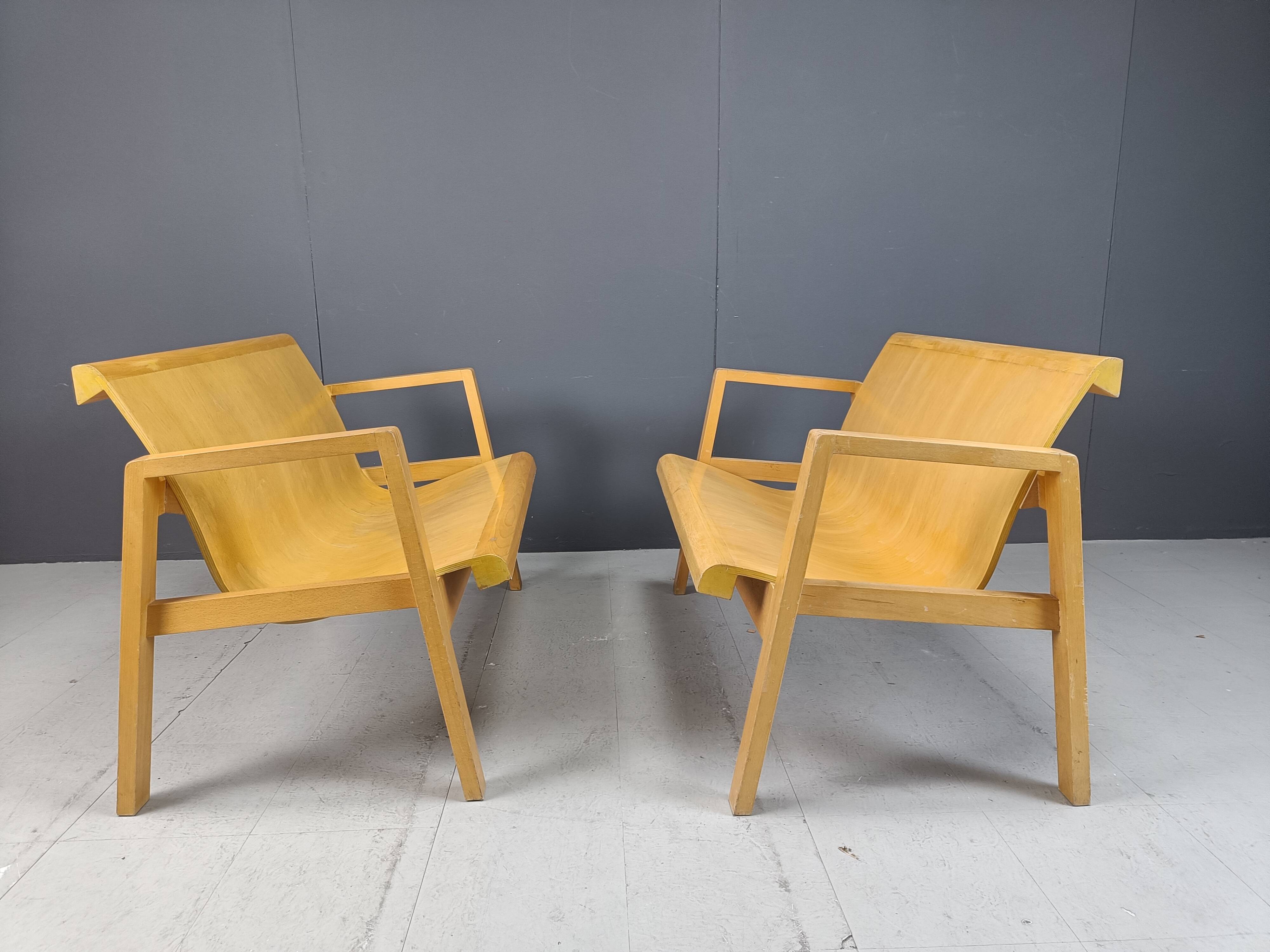 Mid-century plywood benches in the manner of Alvar Aalto, 1960 - set of 2
