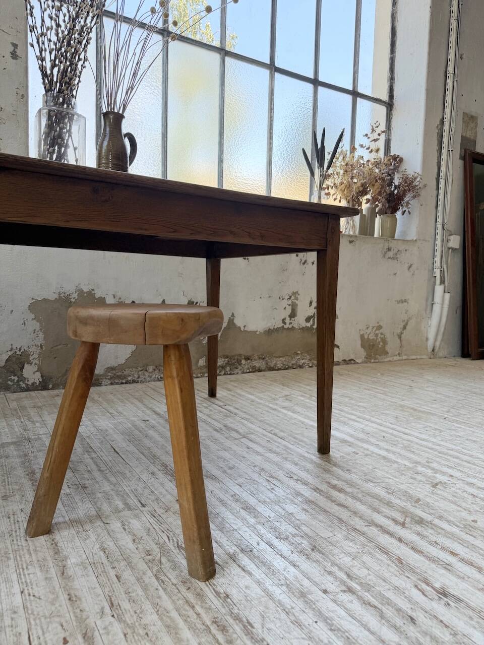 Table de ferme chêne pieds fuseaux 1950