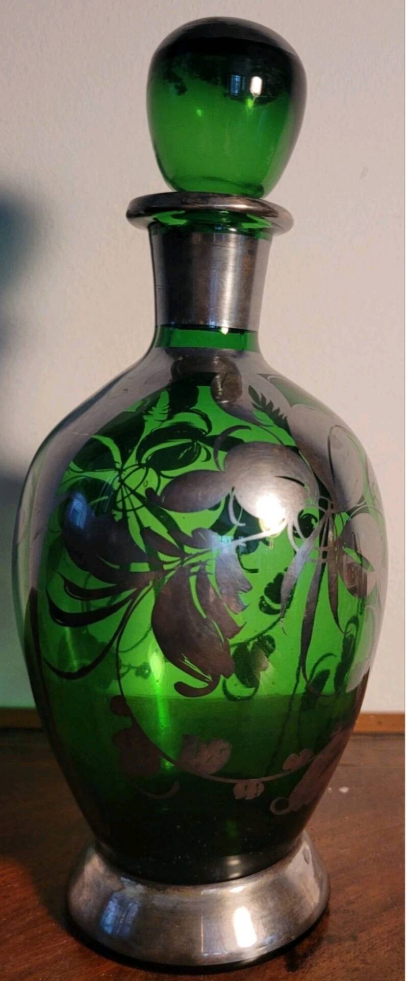 Murano glass alcohol bottle green & silver 1930s - 1940s.