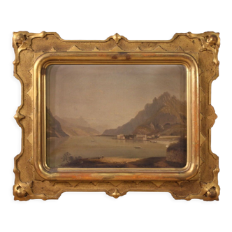 Peinture vue sur le lac de la seconde moitié du XIXème siècle