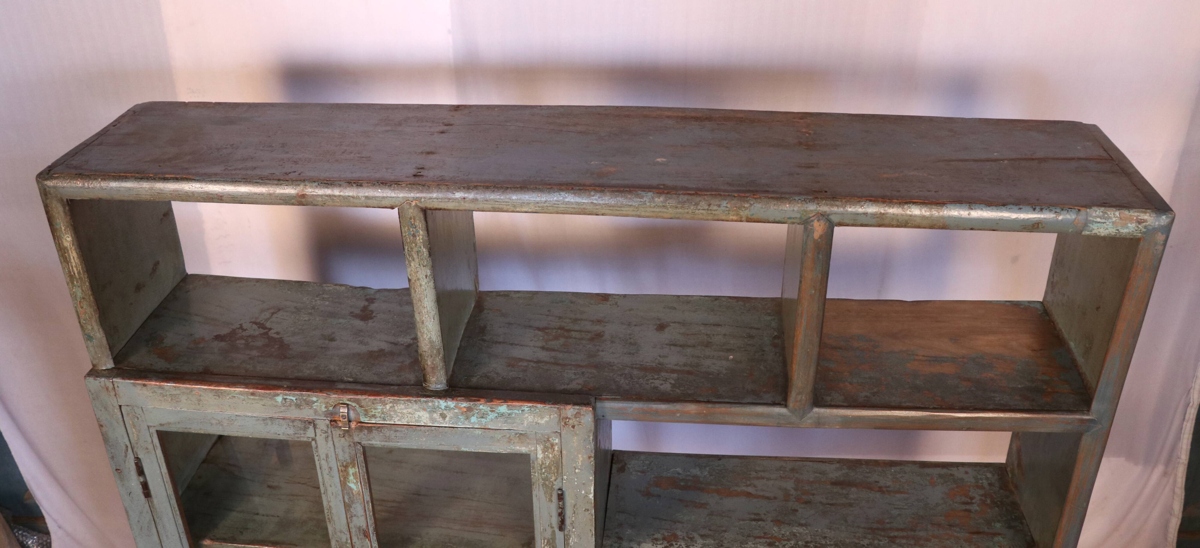 Old shelf, shopkeeper's bookcase in original Burmese teak with blue-gray patina