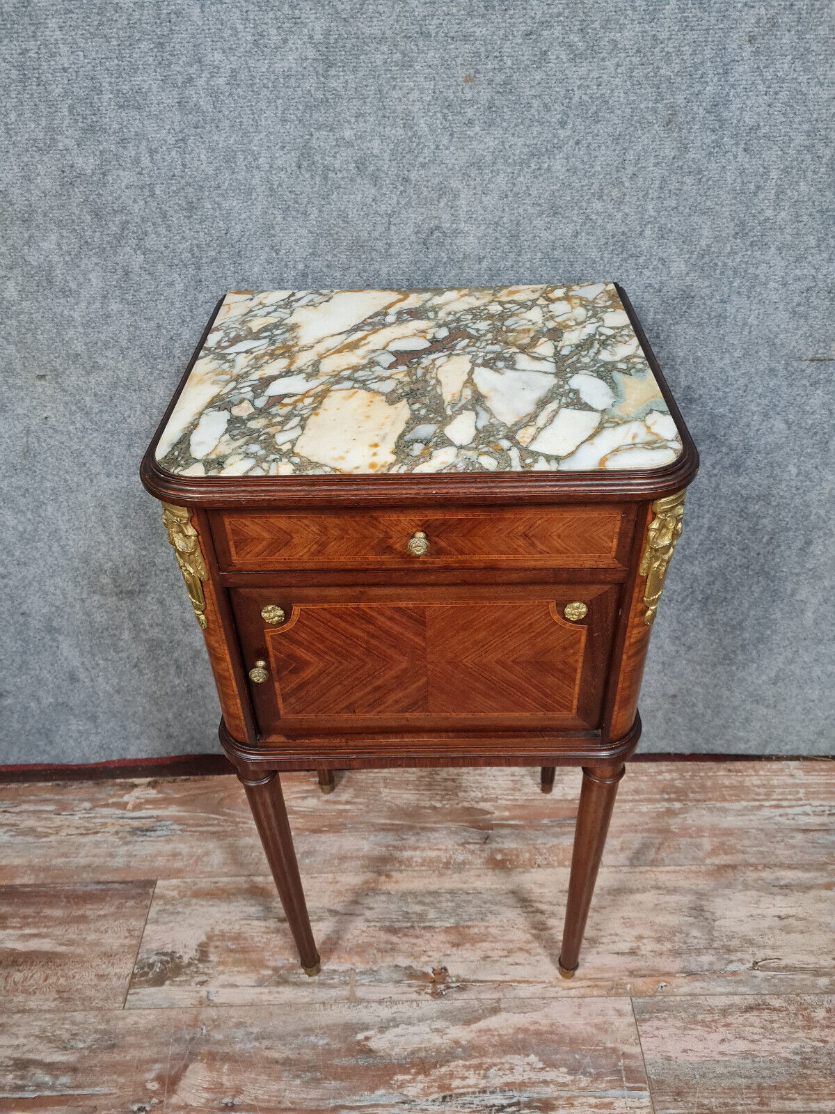Louis XVI ceremonial bedside table in marquetry around 1880