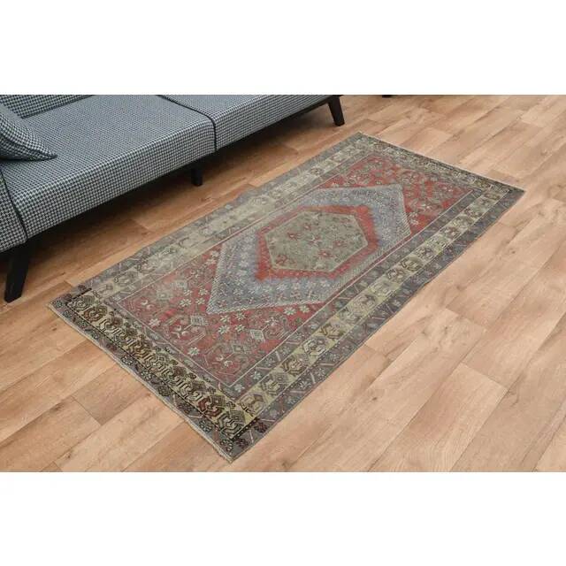 1970s Vintage Turkish Oushak Handmade Wool Cotton Red Area Rug 92x195