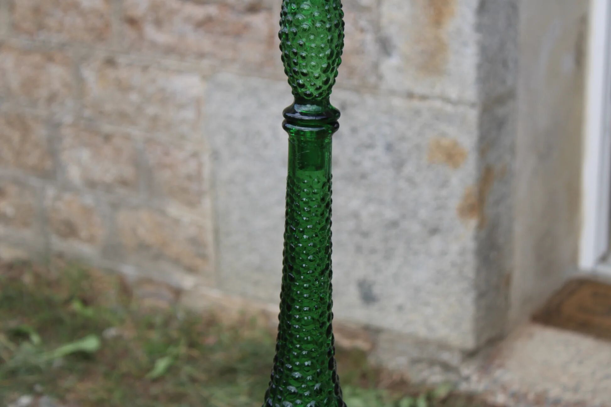 Large decorative vintage green glass carafe/bottle with relief – H57 cm