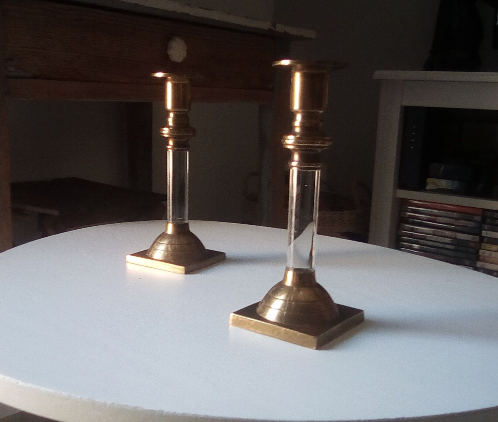 Pair of vintage candlesticks in solid brass and lucite