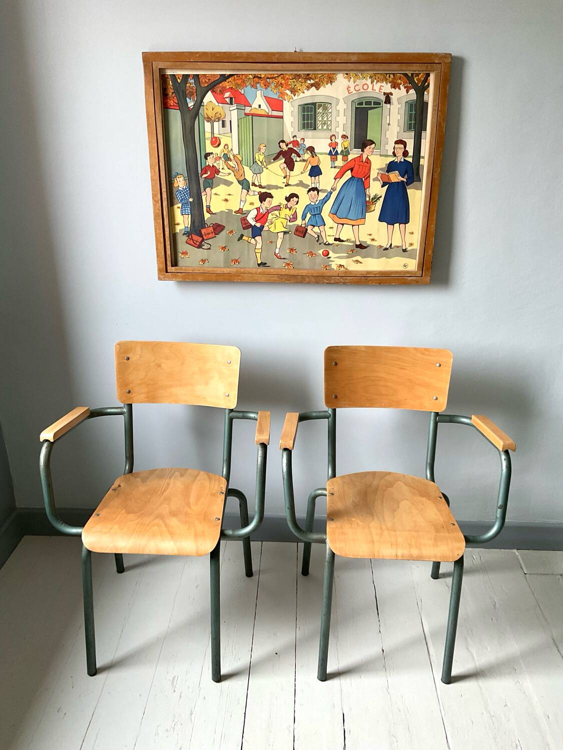 Set of four school teacher armchairs