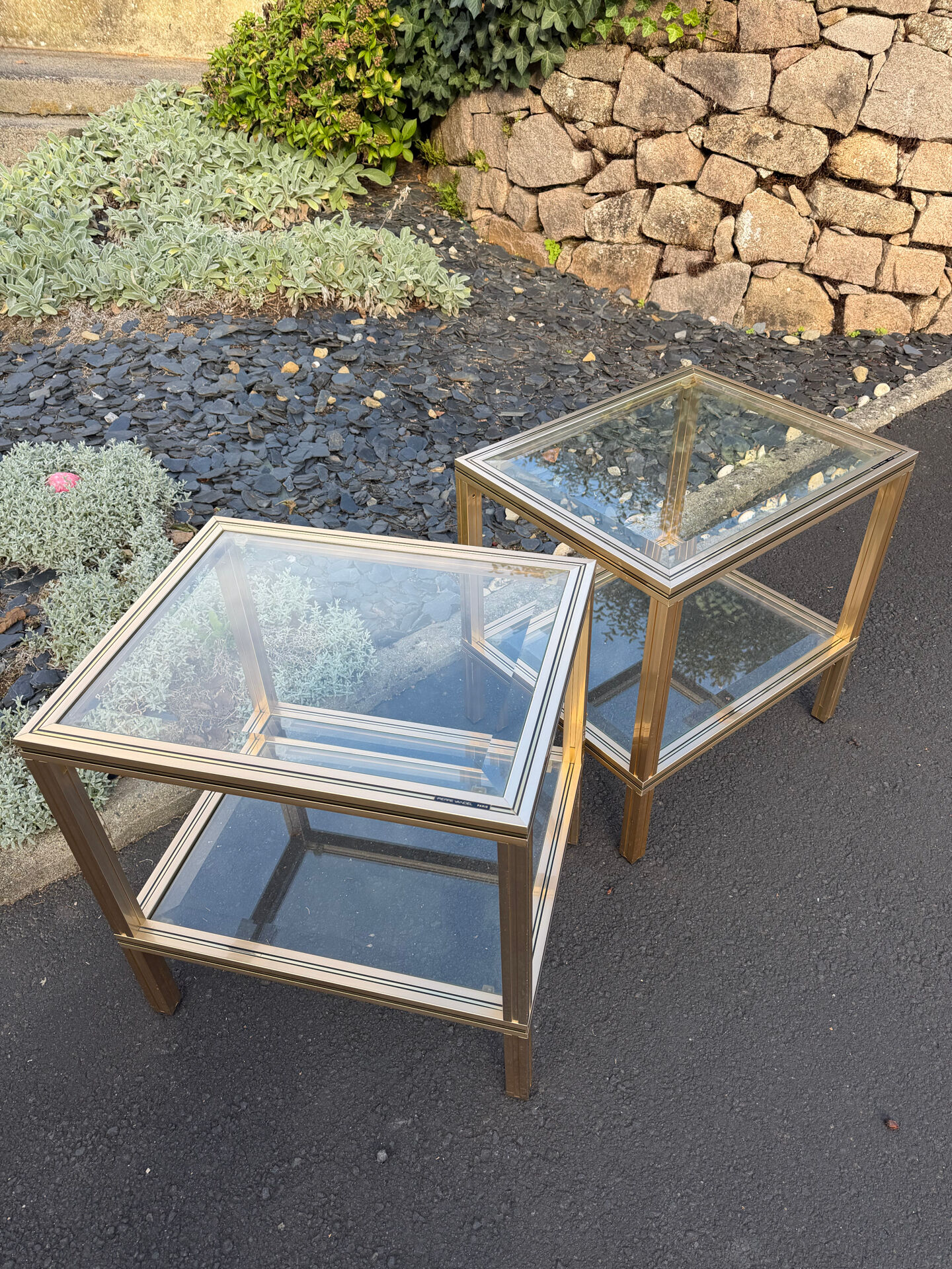 Pair of side tables Pierre Vandel Paris, gold metal and glass, year