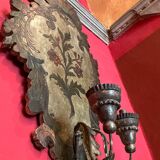 18th Century Rococo Venetian Polychrome and Mecca Lacquered Wooden Wall Sconces with Iron Arms, Set of 2