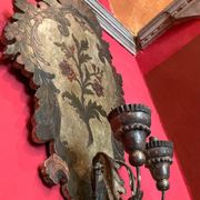 18th Century Rococo Venetian Polychrome and Mecca Lacquered Wooden Wall Sconces with Iron Arms, Set of 2