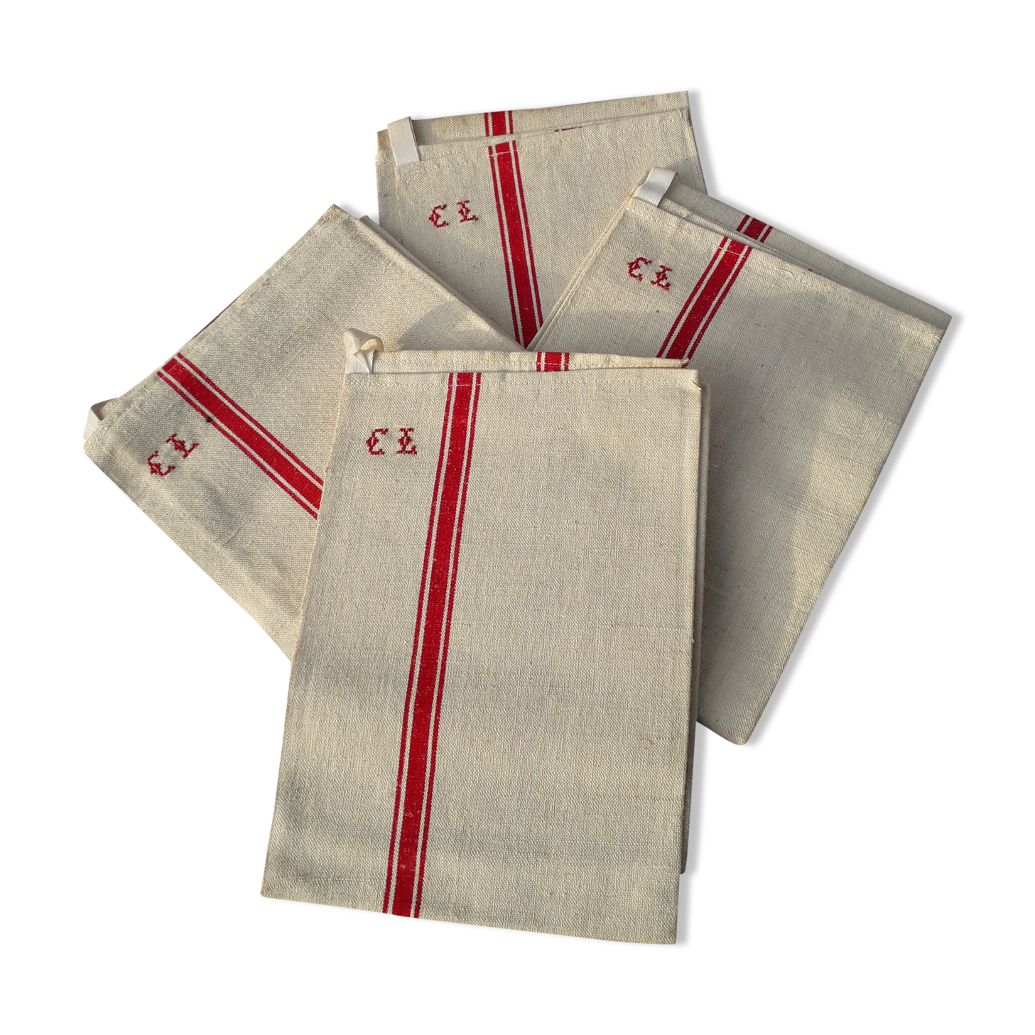 Set of 4 old embroidered tea towels in linen