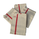 Set of 4 old embroidered tea towels in linen