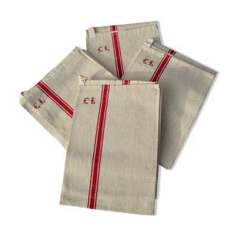 Set of 4 old embroidered tea towels in linen