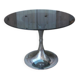 round table with tulip base, chrome and smoked glass