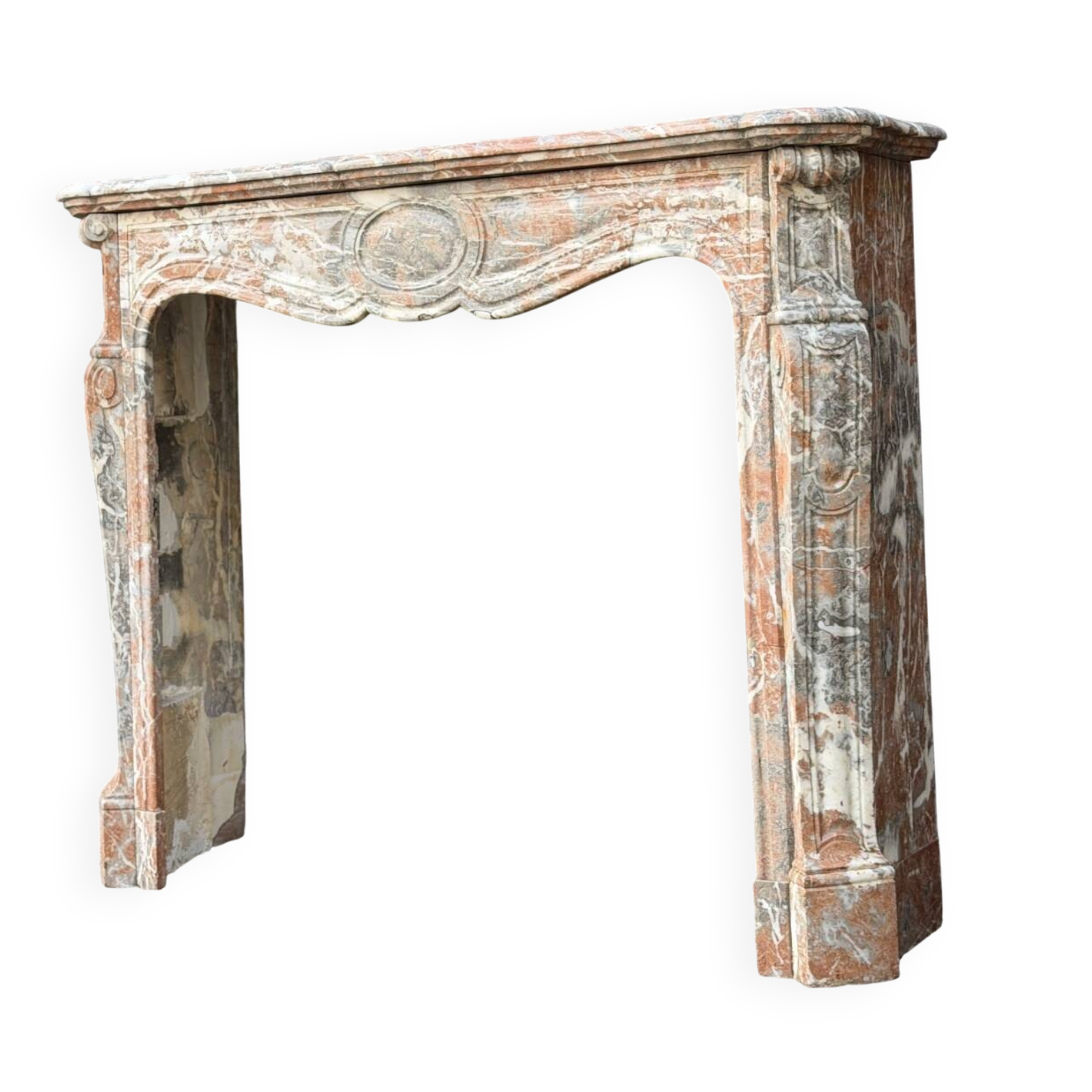 Louis XV style fireplace in grey Ardennes marble, circa 1900.