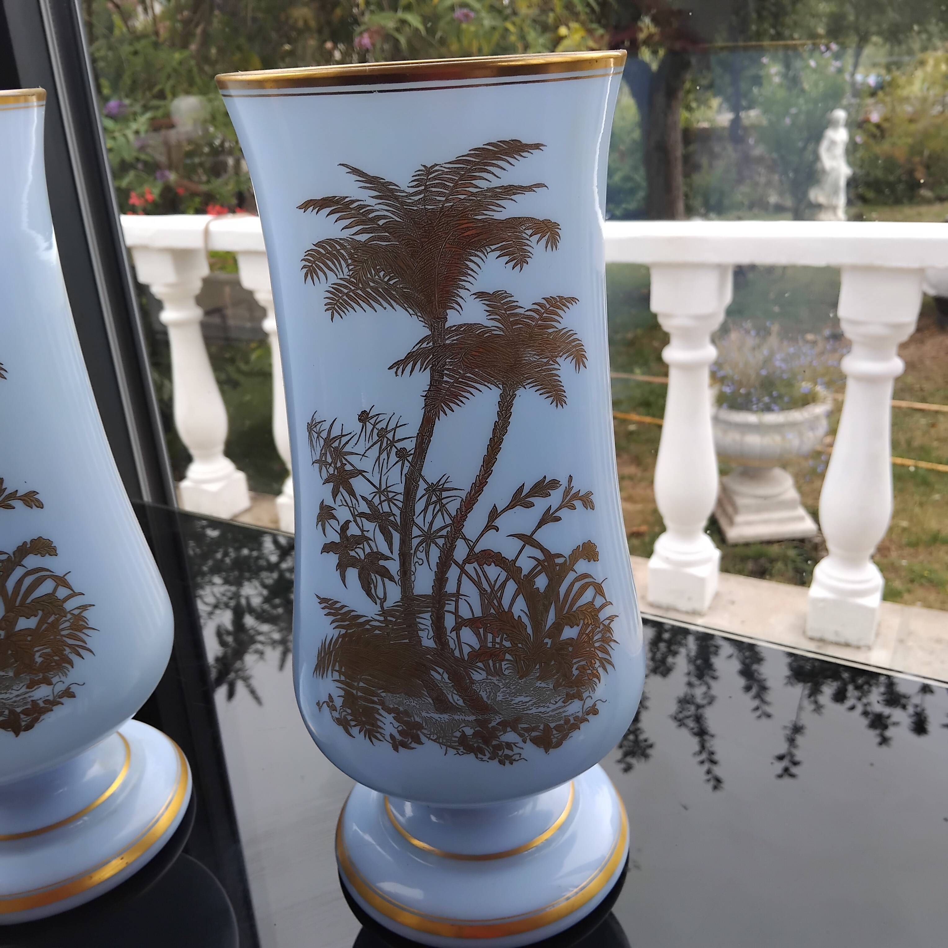 Pair of 19th century opaline crystal and gold vases