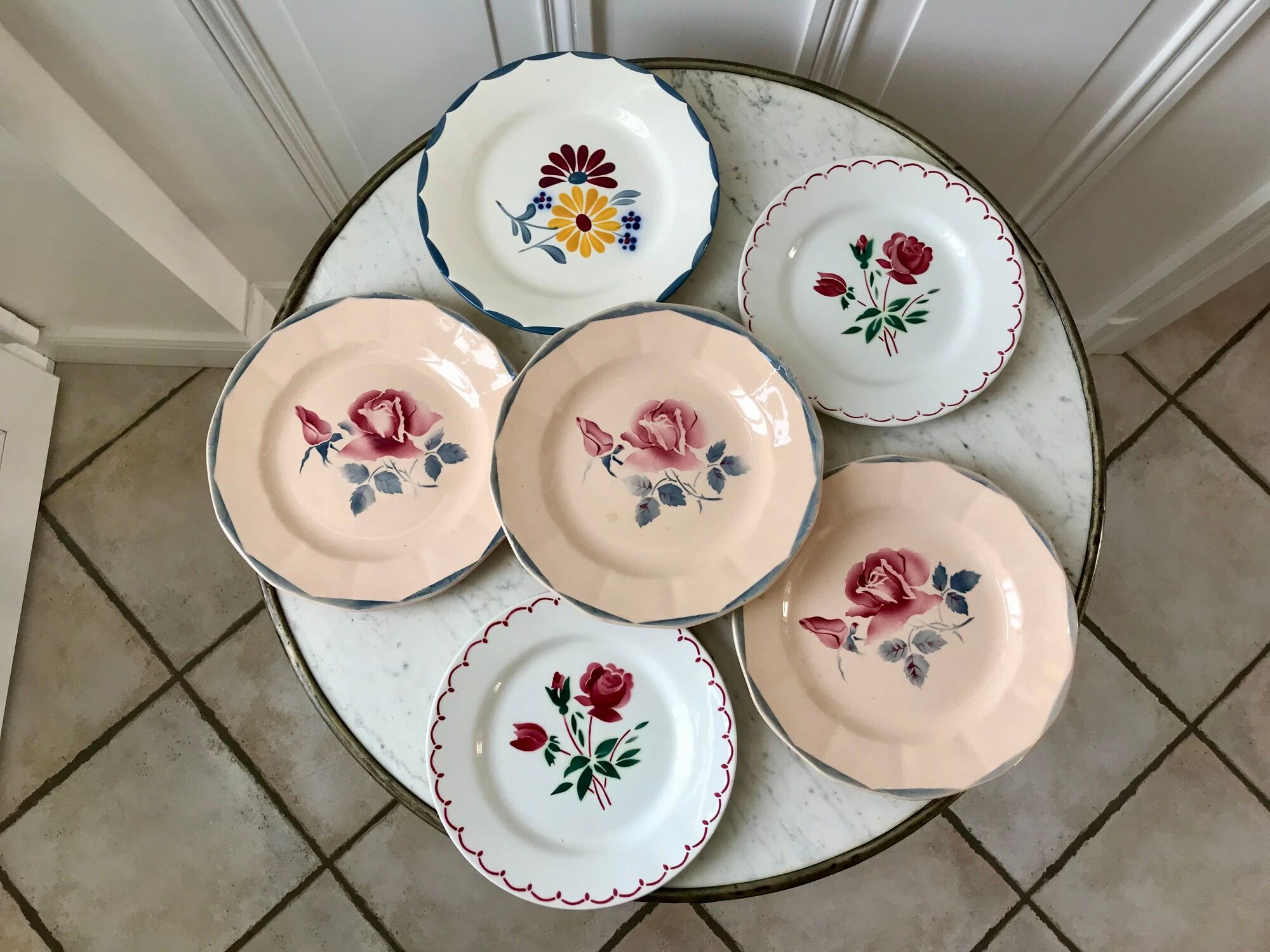 Set of 6 mismatched dessert plates Digoin, Badonviller Salins (Jacqueline) 30s-40s