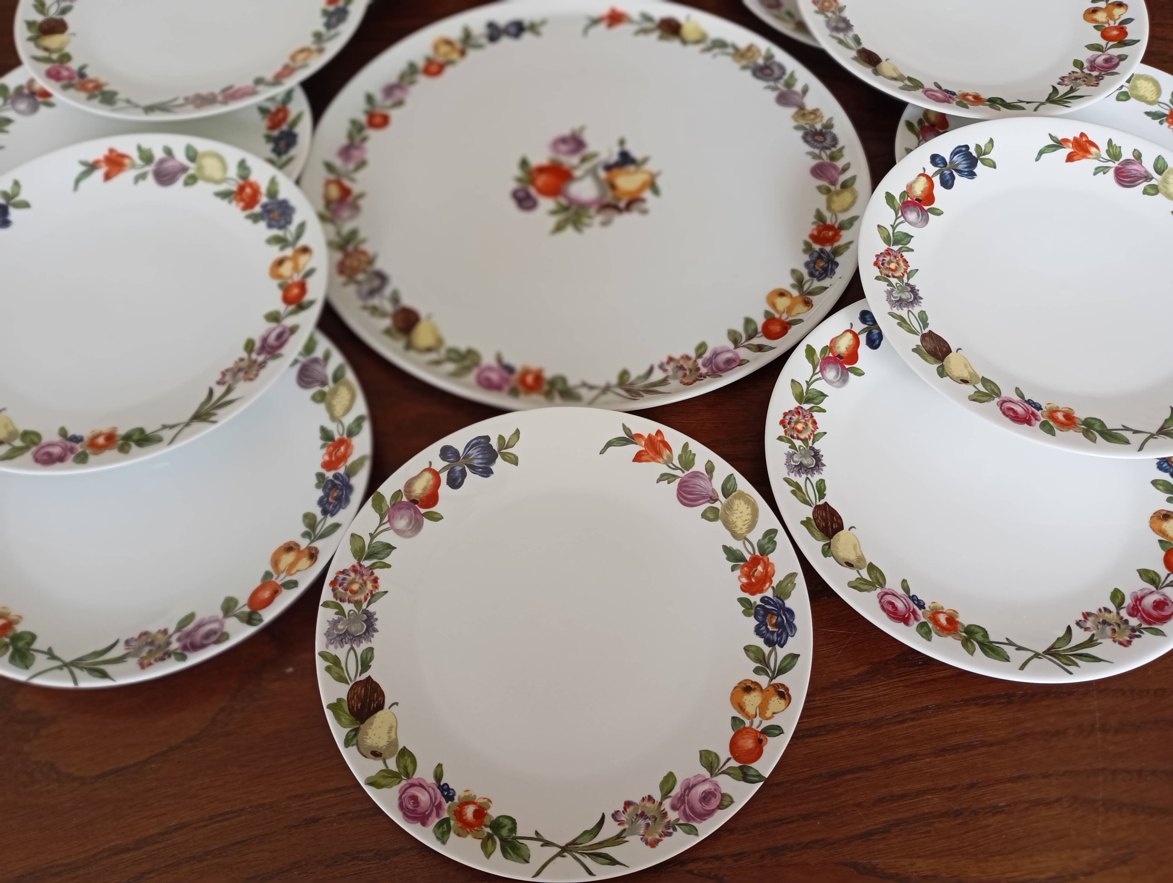 Dish & 12 dessert plates Porcelain of Paris "The Four Seasons"