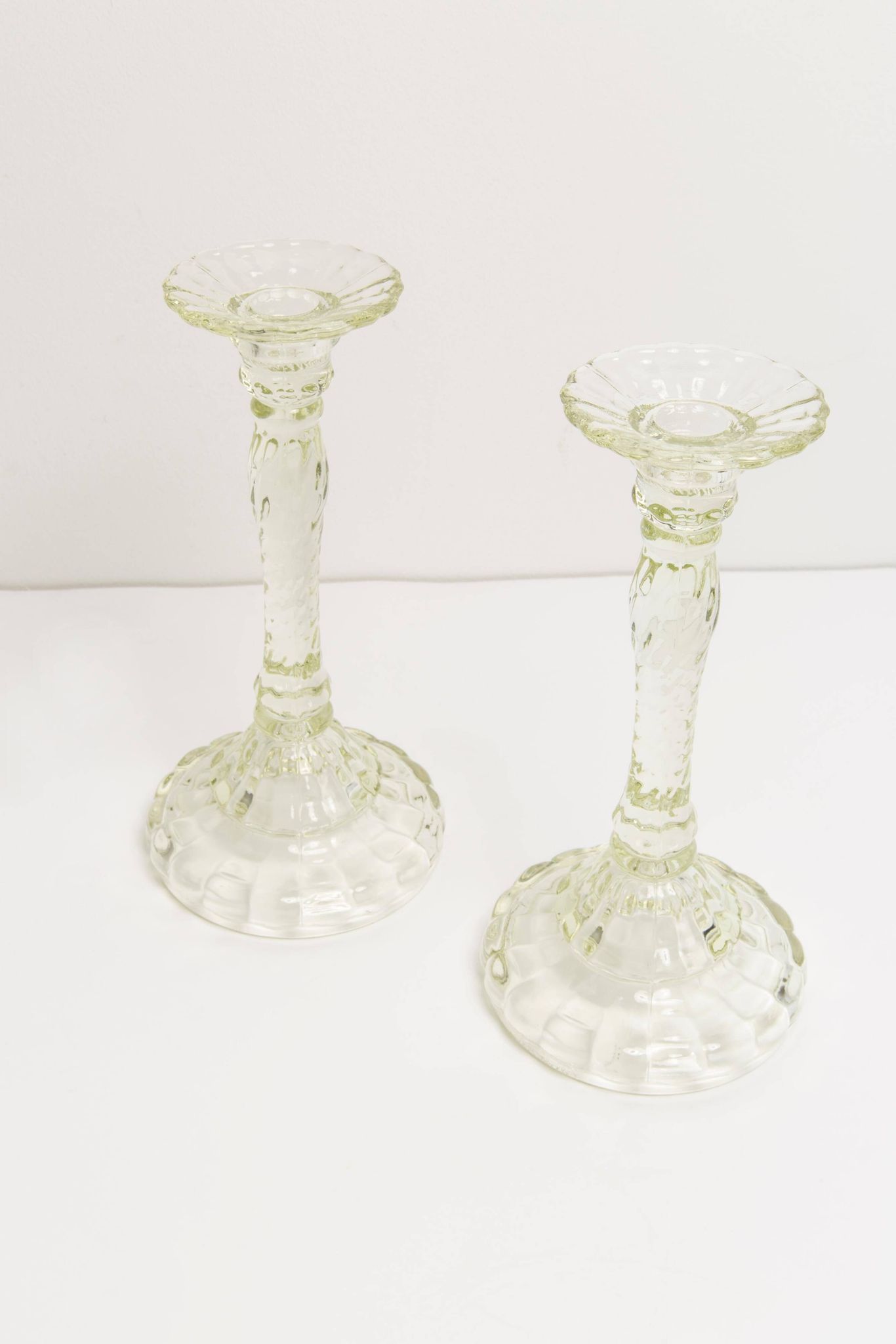 Set of two light green glass candlesticks from the mid-century, Europe, 1960s.