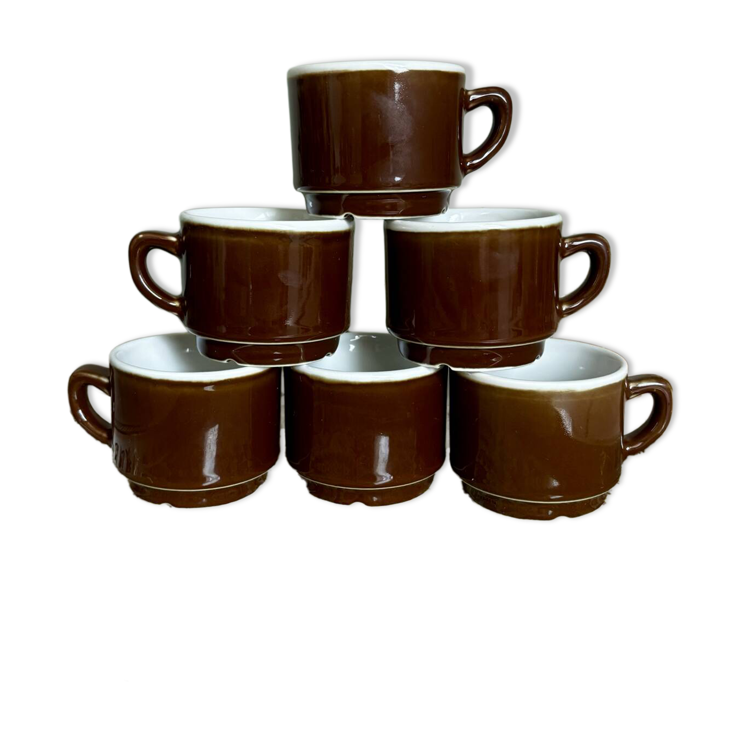Set of 6 vintage brown glazed bistro coffee cups.