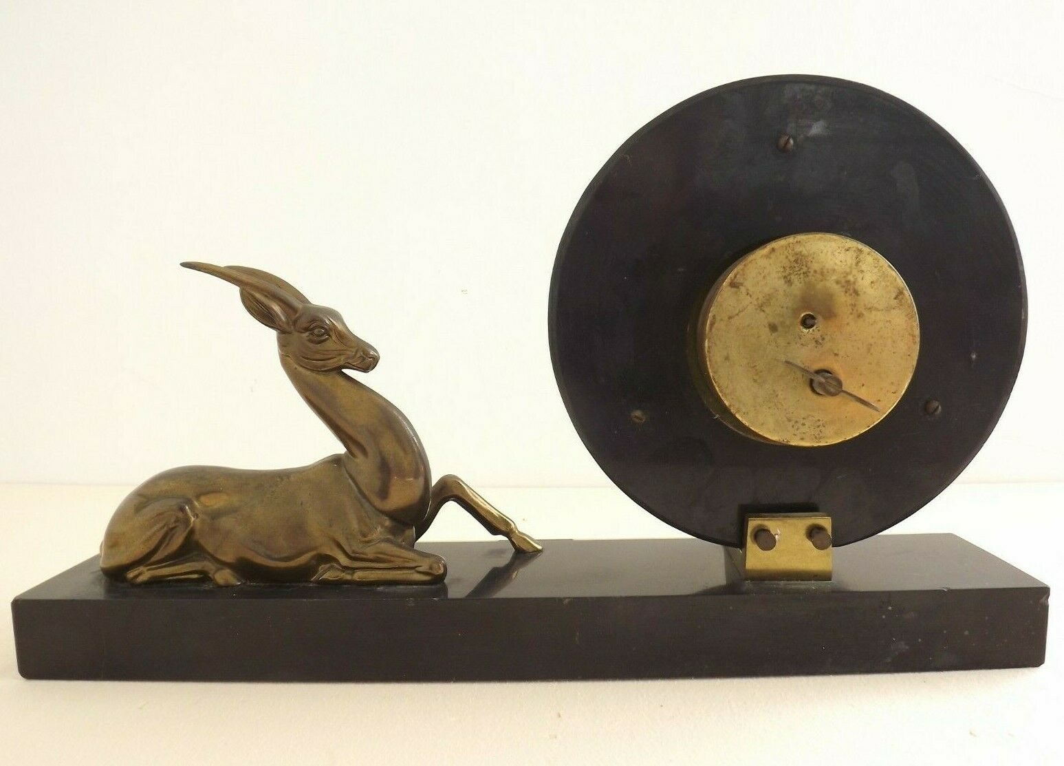 French Art Deco Clock Marble Onyx & Brass With A Bronzed Spelter Gazelle