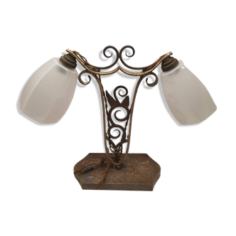 lampe à poser art déco socle marbre armature fer forgé tulipe hexagonale imp belgique