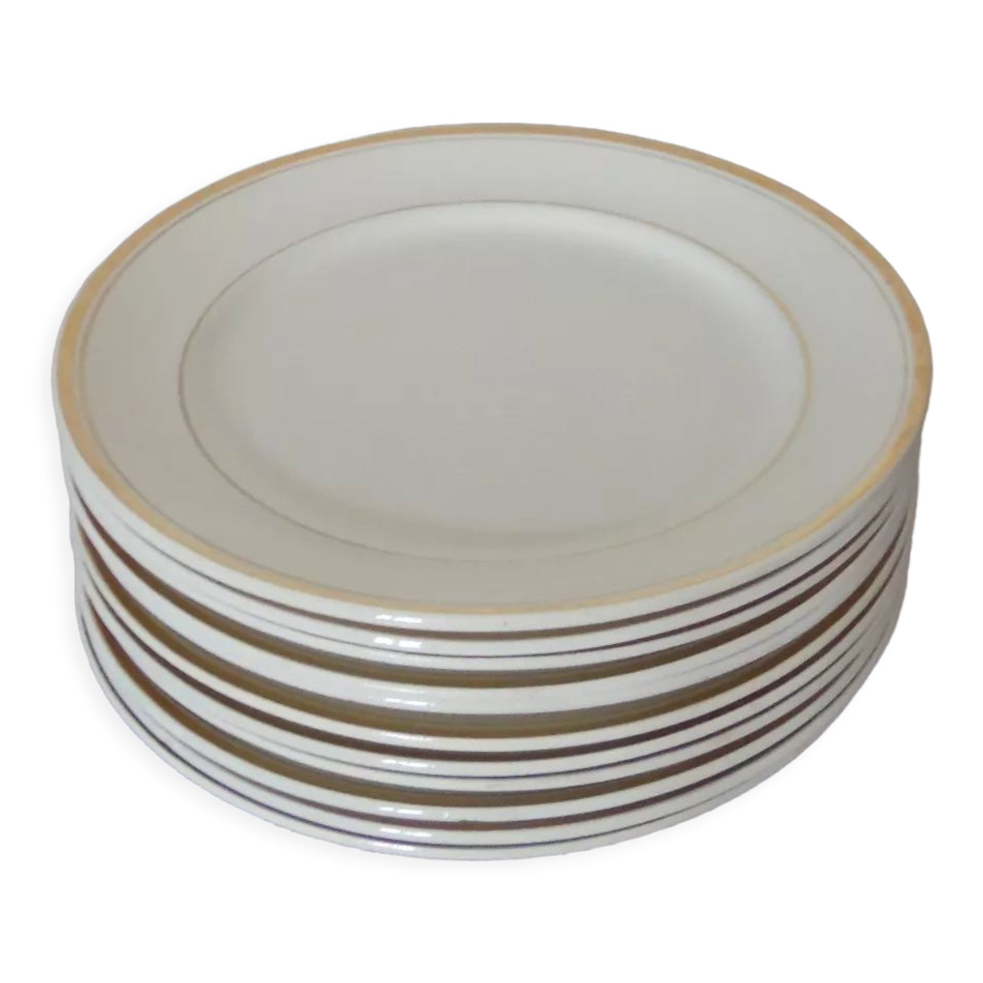 Set of 11 flat white earthenware plates with gold edging