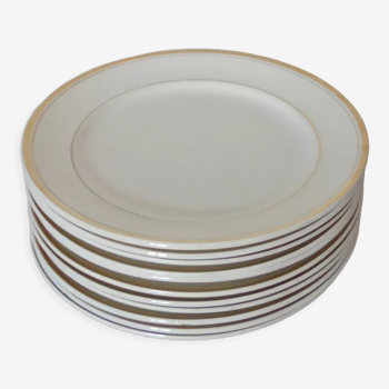 Lot 11 flat plates faience white, gold border