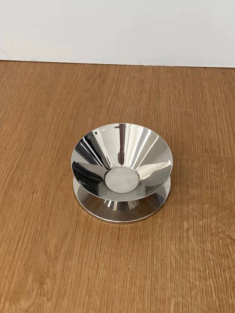 Vintage conical bowl in stainless steel, metal platter with a futuristic style, sculptural serving bowl Mid-Century Modern.
