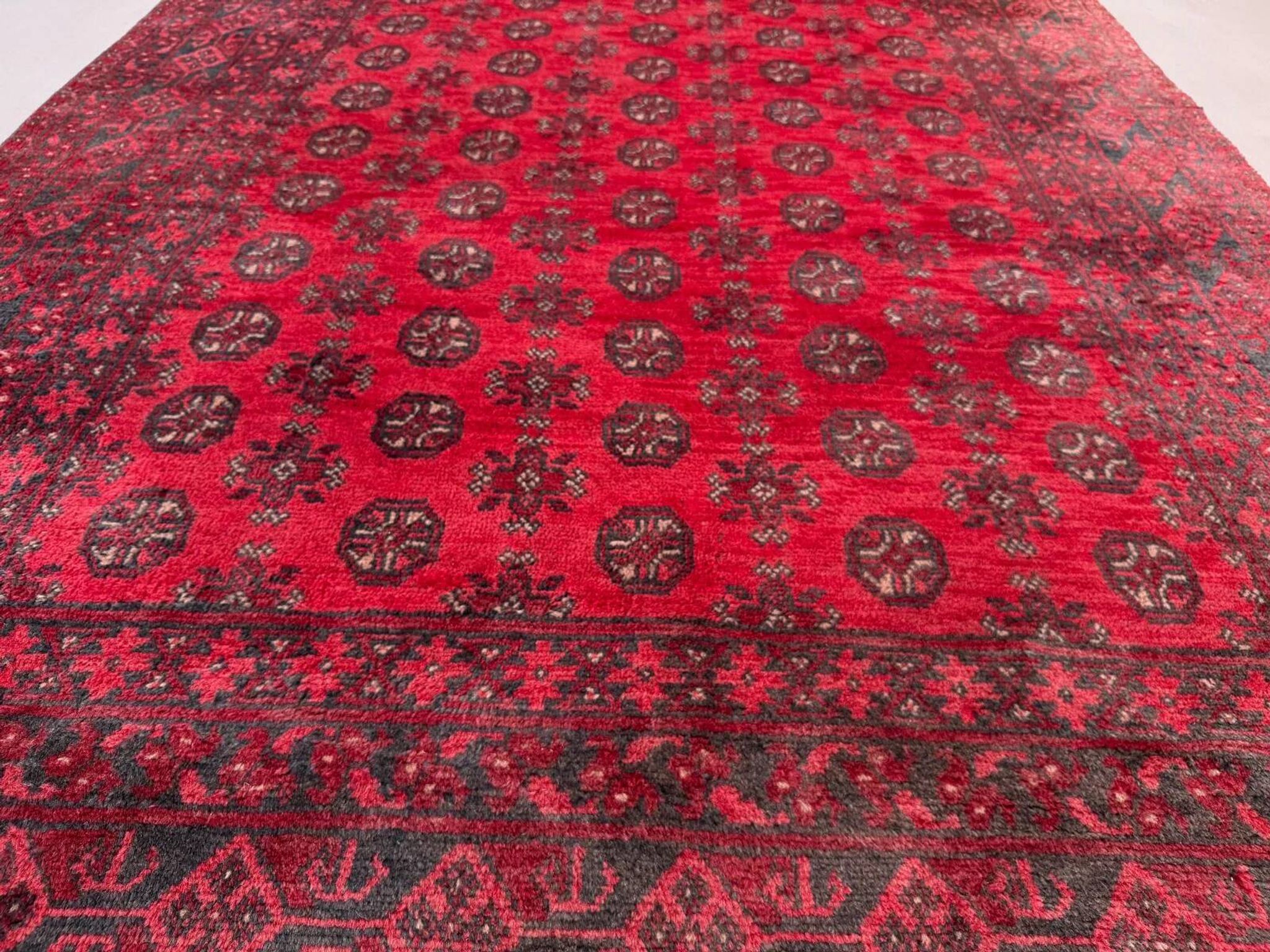 Vintage Afghan Turkoman village rug 195x280 cm, red, black tribal large