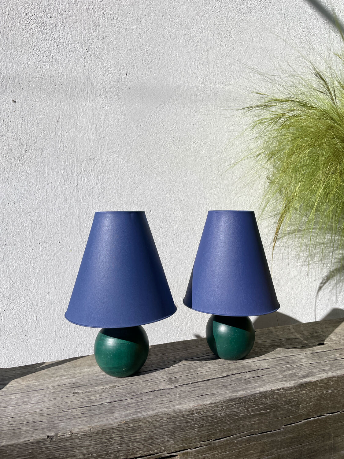 Pair of green and blue wooden ball lamps