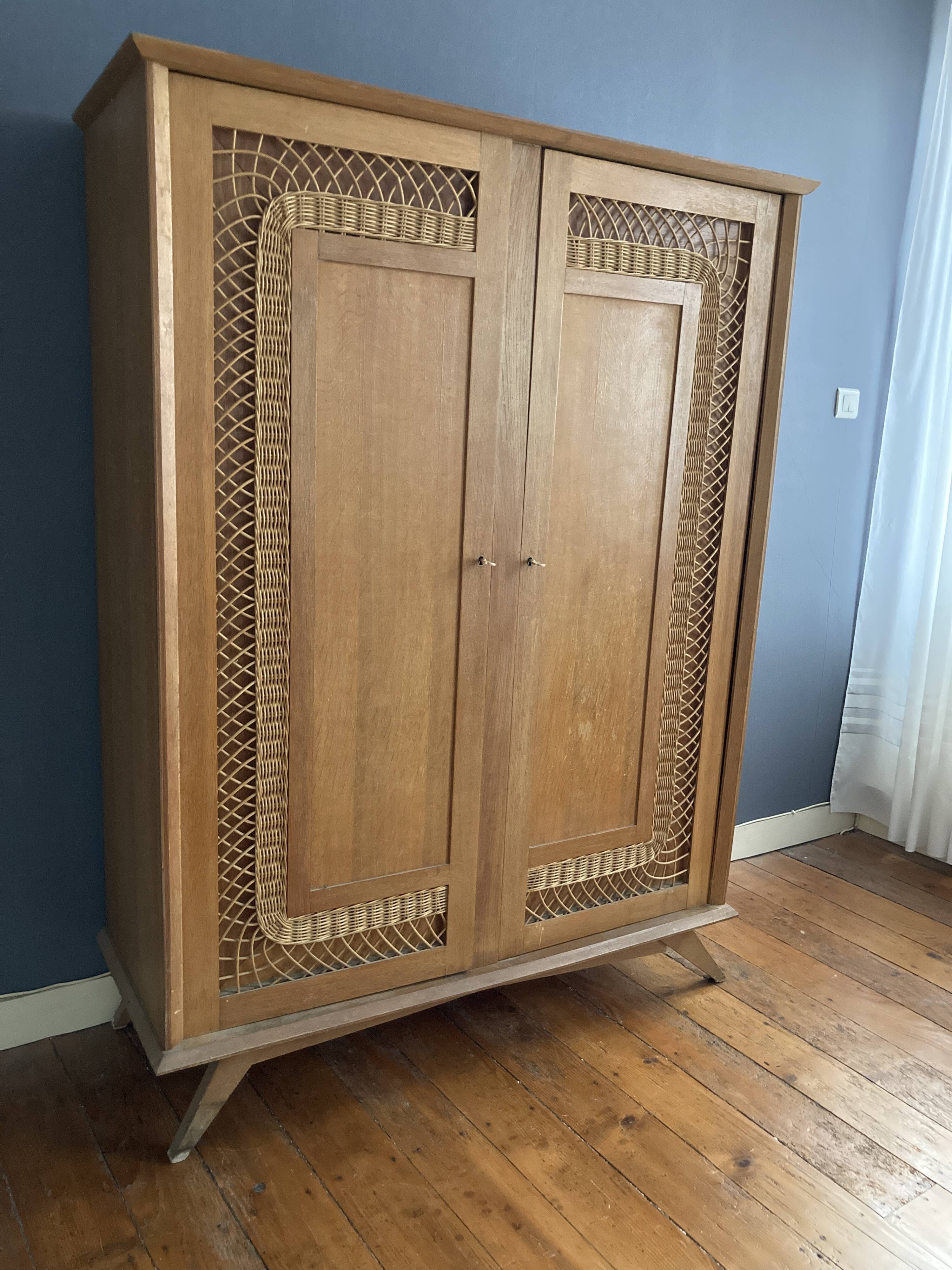 Rattan cabinet and vintage light oak