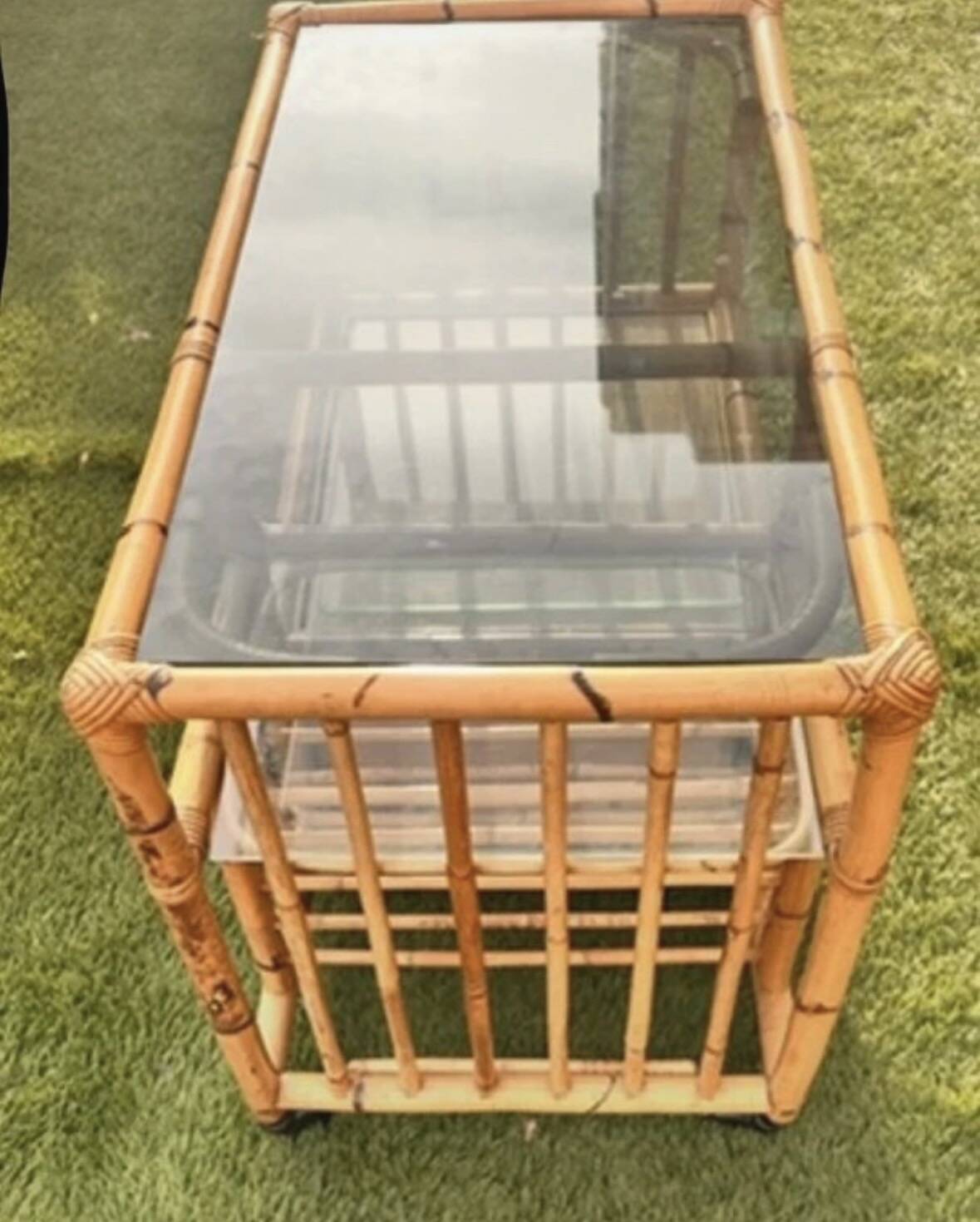 Auxiliary bar cabinet in natural bamboo with glass top - 1960s