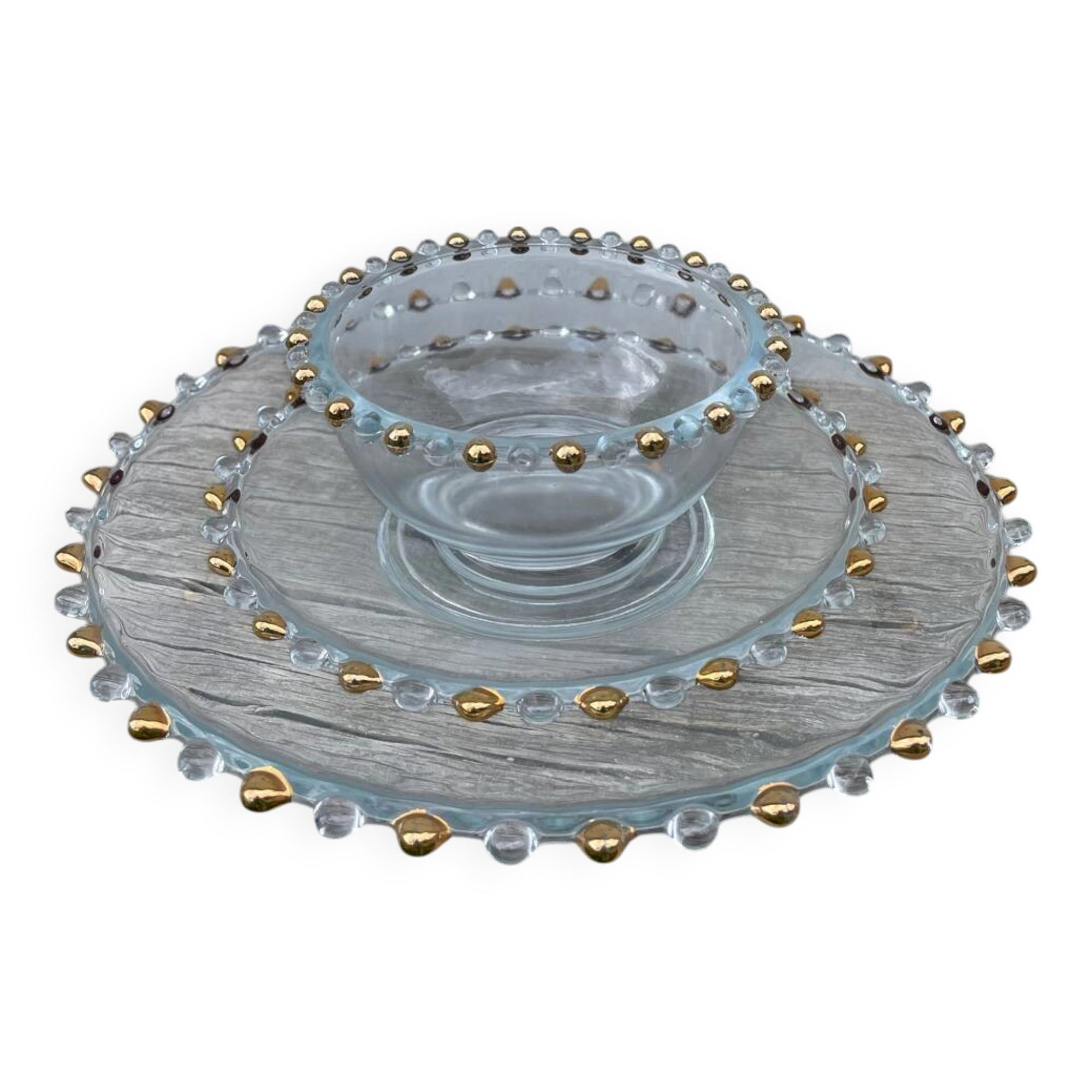 Trio of gold beaded glass dishes