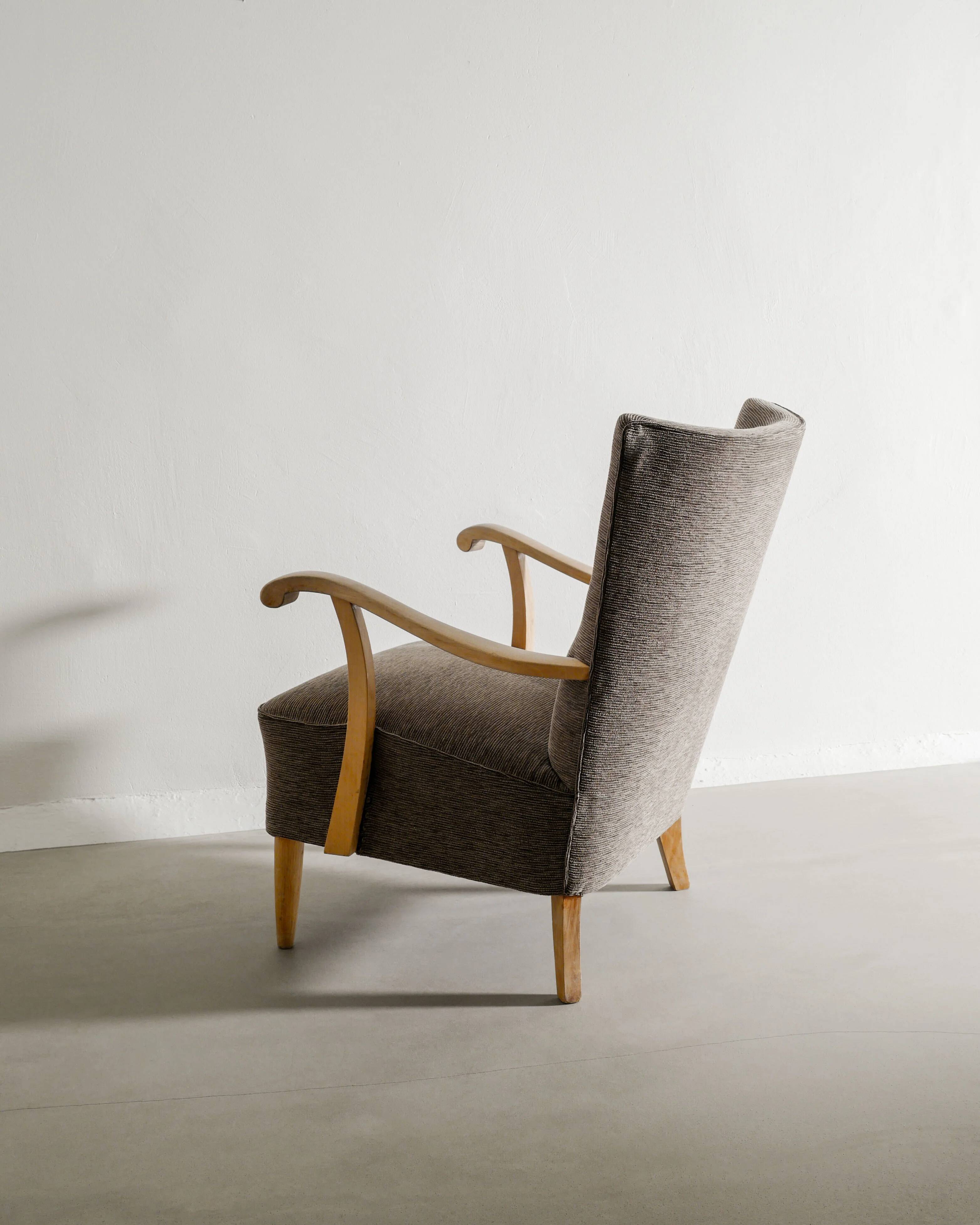 Vintage Swedish Mid Century Modern Wooden Grey Armchairs, 1940s