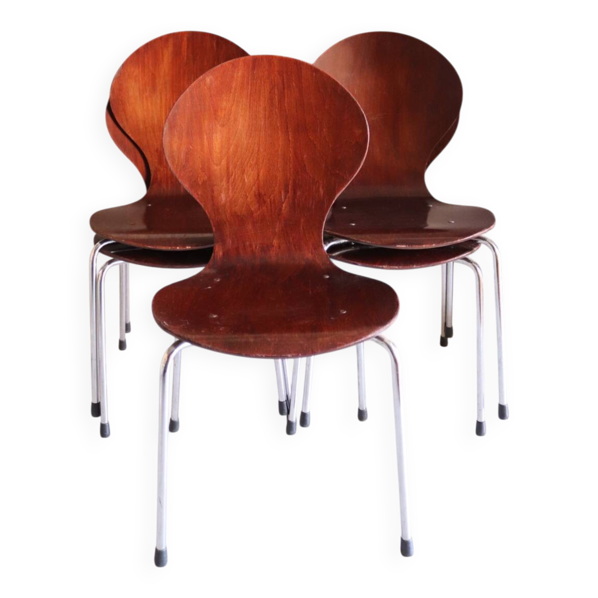 5 chaises style fourmi en contreplaqué moulé et métal chromé, esprit s
