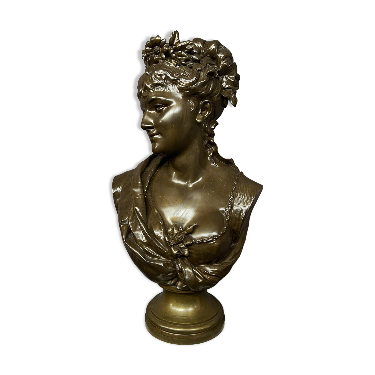 Léopold Harzé (1831–1893). Bronze bust of a young woman on a marble base. Belgium. Dated 1878.