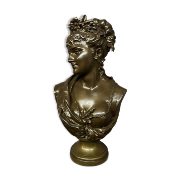Léopold Harzé (1831–1893). Buste en bronze d'une jeune femme sur base en marbre. Belgique. Daté 1878.