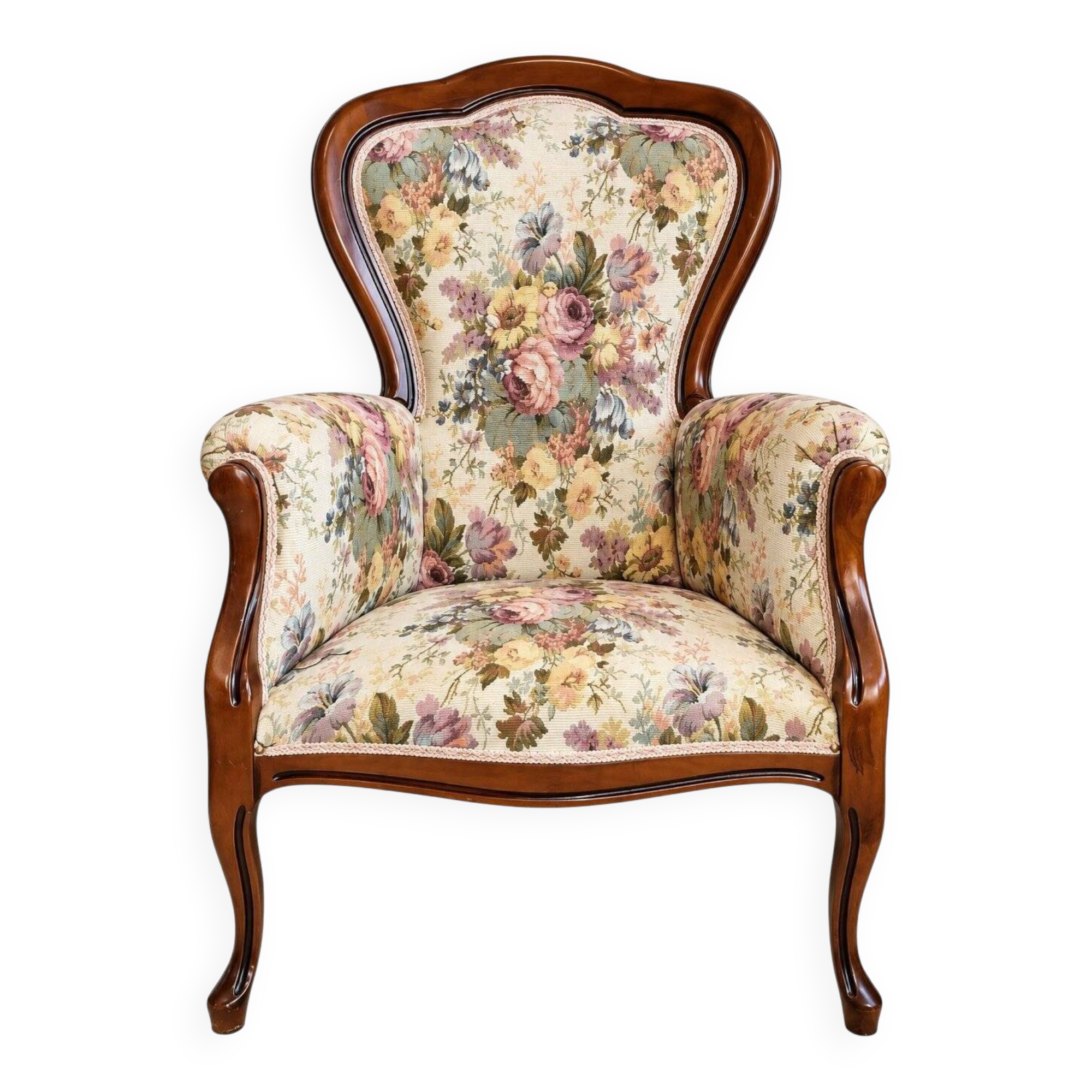Louis XV style armchair with floral jacquard upholstery.